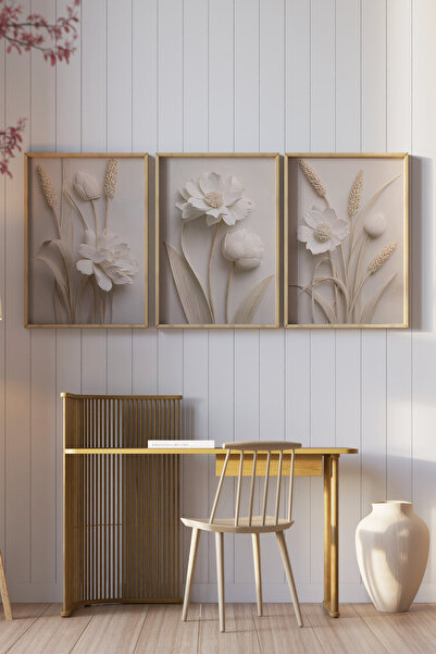 kutuTR Ahşap Çerçeveli 2D UV Baskı 3'lü Tablo set–Krem Bej Tonlarda Kabartma Çiçek Desenli Minimal- CRV1316
