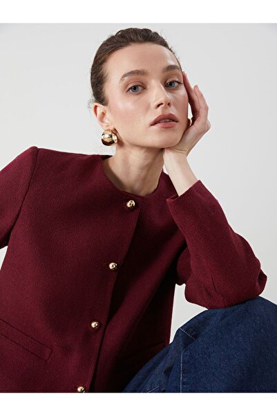 LC Waikiki Lcwaikiki Classic Burgundy Crew Neck Textured Women's Tweed Jacket