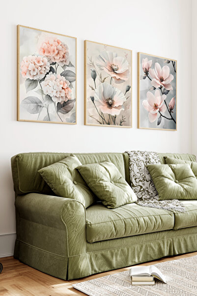 kutuTR Ahşap Çerçeveli 2D UV Baskı 3'lü Tablo set–Pastel Pembe Çiçekler Temal...