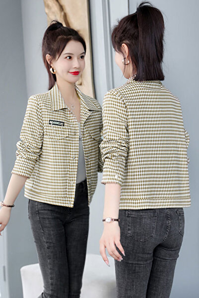 dorbe stylish houndstooth design button-up long sleeves women jacket