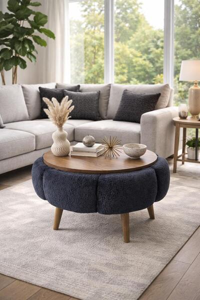 KOKİ DESİGN Papatya Wellsoft Antrasit Kumaş Kaplamalı Yuvarlak Çap 60 cm Orta...