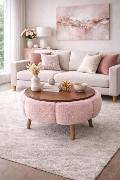 KOKİ DESİGN Papatya Wellsoft Pembe Kumaş Kaplamalı Yuvarlak Çap 60 cm Orta Sehpa