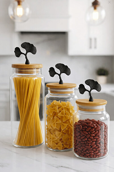 Jenisa 3-Piece Bamboo Lid Matte Black Ginkgo Figured Transparent Glass Jar Gl...