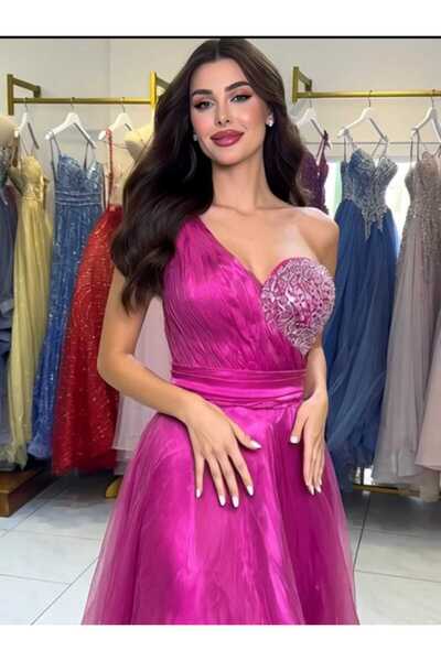 Sibelse Gelinlik Taş İşlemeli Tek Omuz Prenses Abiye Mezuniyet Elbisesi