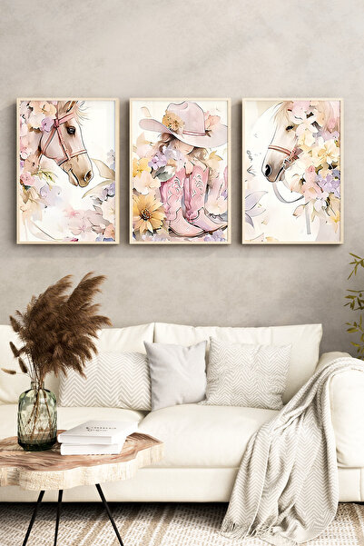 kutuTR Ahşap Çerçeveli 2D UV Baskı 3'lü Tablo set–Çiçekli At ve Kovboy Çizmesi Temalı Pastel- CRV1327