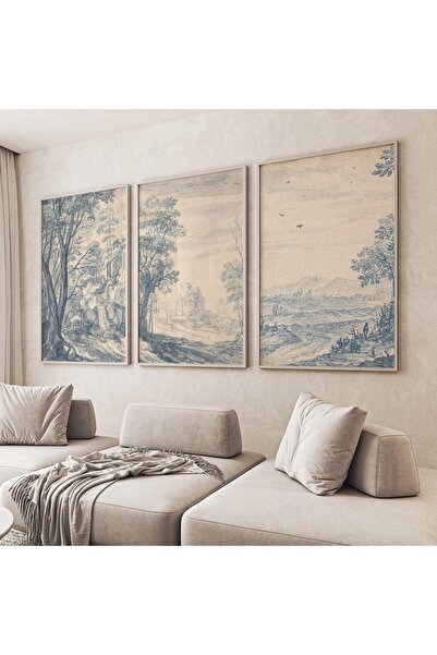 NinaStore Mavi Söğüt Duvar Sanatı Seti, 3 Parçalı Vintage Manzara Baskısı, Kl...
