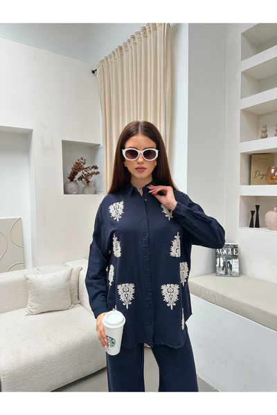 MİA NOURA Women's Oversize Shirt with Embroidery on Front and Back