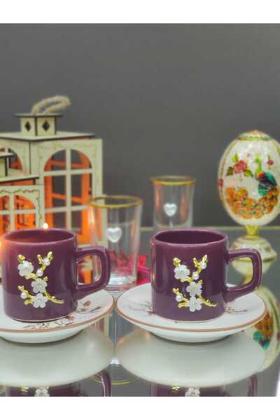 KirLiNova Purple Flower Detailed Ceramic Coffee Cup Set of 2 – Coffee Cup & S...