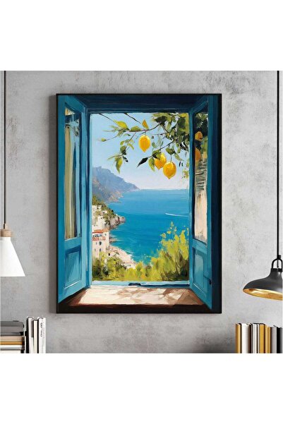 NinaStore Akdeniz Pencere Manzarası Duvar Sanatı Sahil Limon Ağacı Duvar Deko...