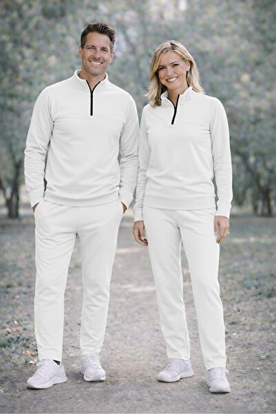 Z35 Scuba Kumaş Erkek Kadın Eşofman Takımı BEYAZ Yarım Fermuarlı,Alt - Üst Ta...