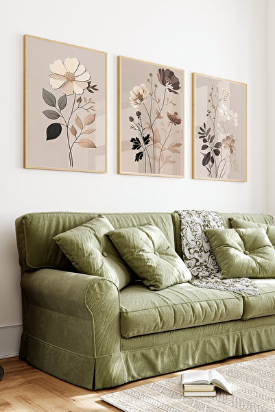 kutuTR Ahşap Çerçeveli 2D UV Baskı 3'lü Tablo set–Minimal Çiçek Çizimi Temalı Bej Tonlarda- CRV1328