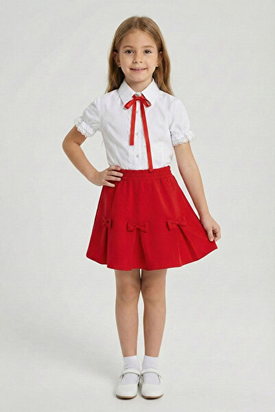 FATELLA Girl's Red Bow Lace Embroidered Shirt Red Ribbon Skirt Set April 23 O...