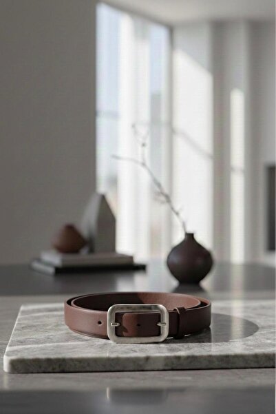 HA-KA GİYİM Women's Classic Leather Belt with Silver Rectangular Buckle