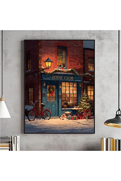 NinaStore Noel Kitapçısı Baskısı Kış Temalı Kır Evi Tarzı Sanat Eseri (Dijita...