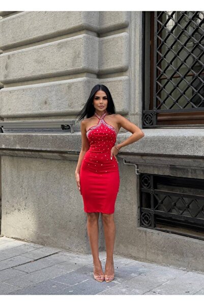 NİCE STYLE Women's Collar Detail Stone-Embellished Full Lycra Dress