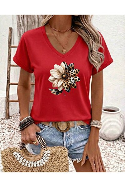FUFLUNS Leopard Printed Flower Printed Women's Oversize V-Neck T-Shirt