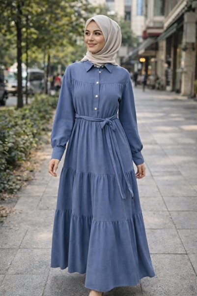 Esra Butik78 Mavi Göğse Kadar Düğmeli Belden Kuşaklı Uzun Tesettür Elbise 140...