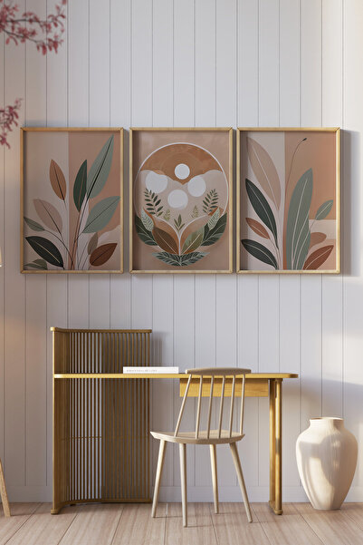kutuTR Ahşap Çerçeveli 2D UV Baskı 3'lü Tablo set–Toprak Tonlarında Minimal Yaprak Desenli- CRV1326