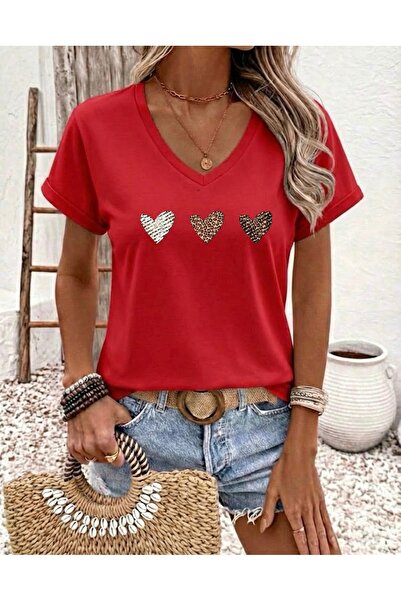 FUFLUNS Leopard Printed Hearts Printed Women's Oversize V-Neck T-Shirt
