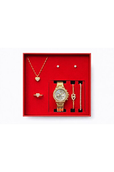 SEES AKSESUAR Gold Renk Kadın Metal Kol Saati – Kalp Detaylı Kolye, Bileklik,...