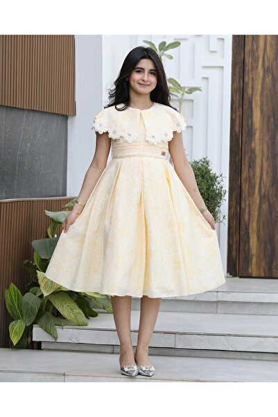 Totikids Girls' yellow floral dress | Layered waist and beaded neckline - 1133