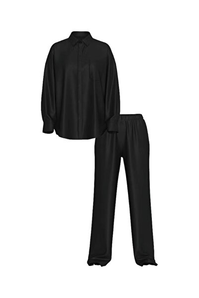 Victoria's Secret Set de pijama lung din satin transparent cu nasturi frontali, mărimea L normală, negru