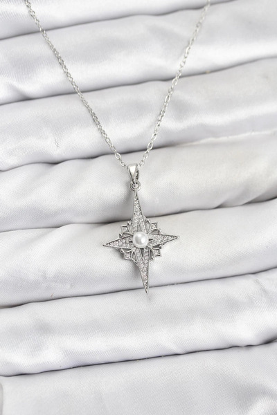 lowell home 316L Steel Chain Silver Color Pole Star Model Zircon Stone Women'...