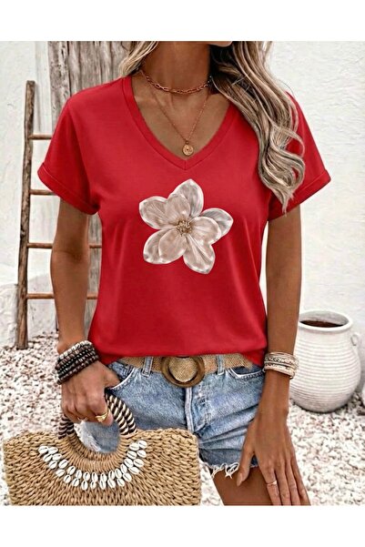 FUFLUNS Flower Printed Women's V-Neck Oversized T-Shirt
