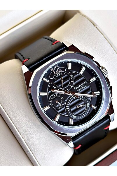 Ferrucci Functional Black-Silver Color Leather Cord Men's Wristwatch