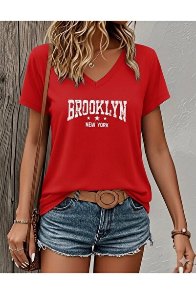 FUFLUNS Brooklyn Star Printed Women's Oversize V-Neck T-Shirt