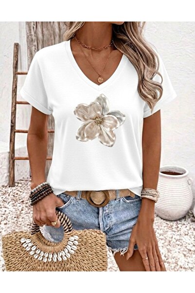 FUFLUNS Flower Printed Women's V-Neck Oversized T-Shirt