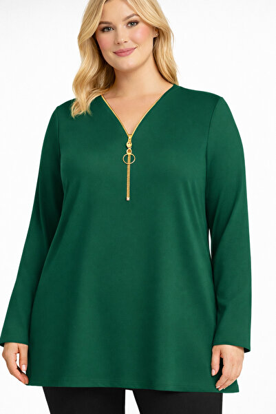 HÜLYA BUTİK Plus Size Women's Emerald Color Gold Zipper Uzunkol Buluz
