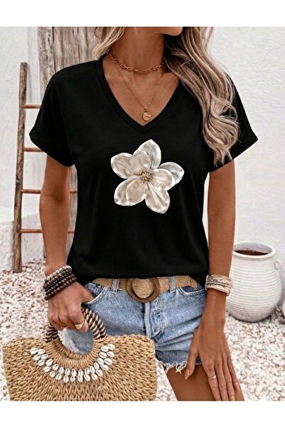 FUFLUNS Flower Printed Women's V-Neck Oversized T-Shirt