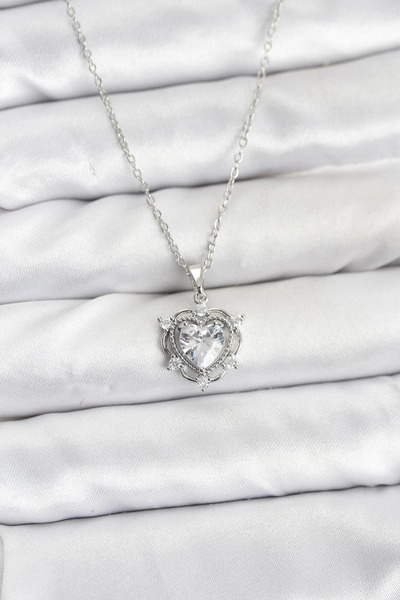 lowell home 316L Steel Chain Silver Color Heart Model Zircon Stone Women's Ne...