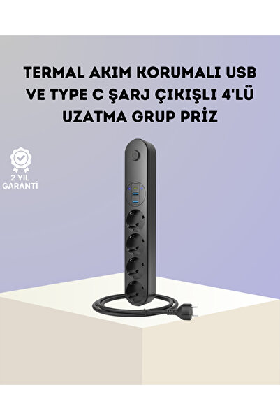 Genel Markalar Akım Korumalı Çoklu Priz 4’lü 2 USB 1 Type-C 2500W Güçlü Tasarım