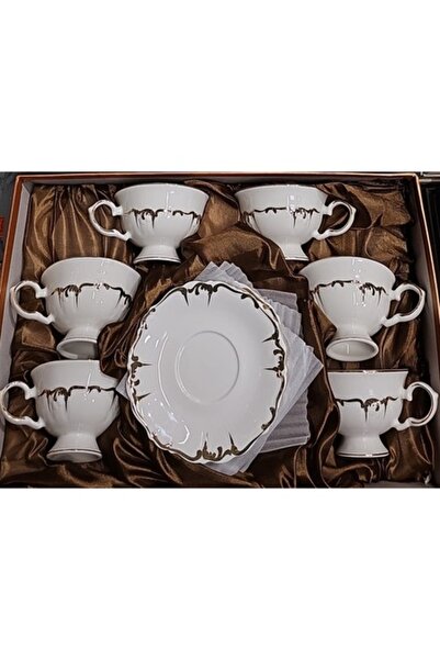 E EFRALL Set of 6 White Coffee Cups with Brown Pattern and Plates 200 ml - Co...