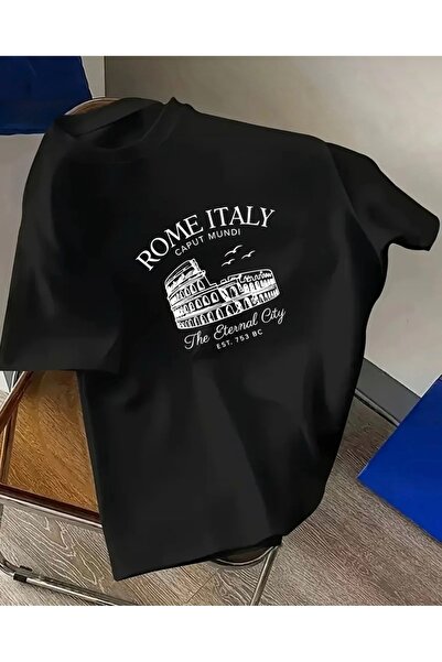 FUFLUNS تي شيرت برقبة دائرية كبير الحجم مطبوع عليه ROME ITALY