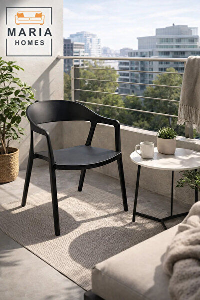 MARIA HOMES Black Plastic Chair with Armrests – Modern Indoor & Outdoor Seati...