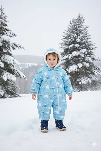 Yağmur Giyim Misscrispy Blue Teddy Bear Patterned Cosmonaut Jumpsuit 2-5 Year...