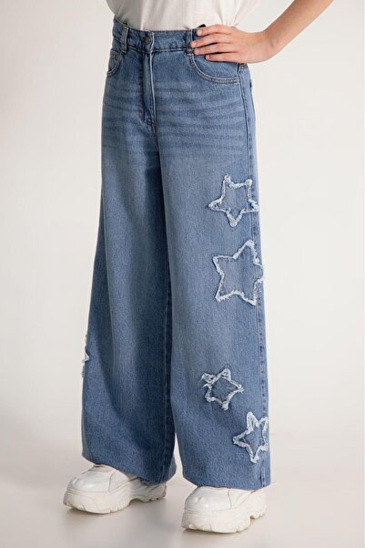 Magu Girl's Cotton Blue Star Appliqué Denim Trousers