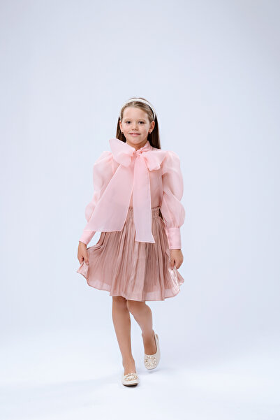kiddos.ro Girls' pink organza shirt with puff sleeves and bow