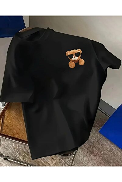 FUFLUNS تي شيرت كبير الحجم برقبة دائرية مطبوع عليه دب يرتدي نظارات