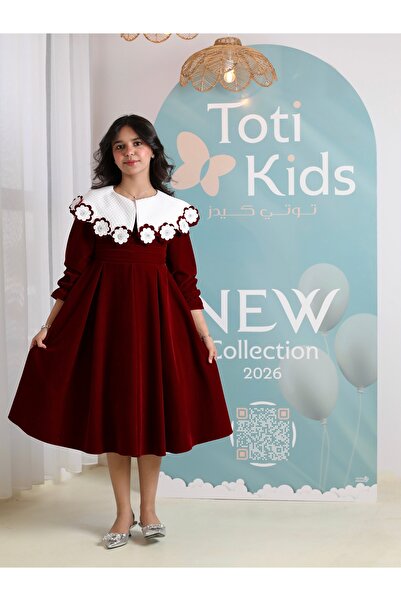 Totikids Girls' velvet dress with a floral collar | Classic winter dress - 1107