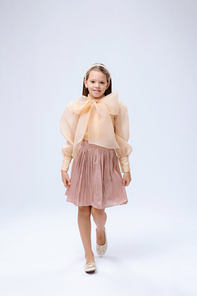 kiddos.ro Girls' cappuccino organza shirt with puff sleeves and bow