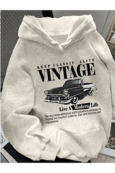 Marco Fresco Unisex Vintage Car Printed Oversize Hooded Sweatshirt