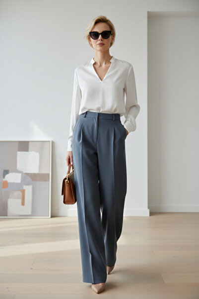 Ulino Дамски панталони с плисета, висока талия и широки крачоли, от петролено...