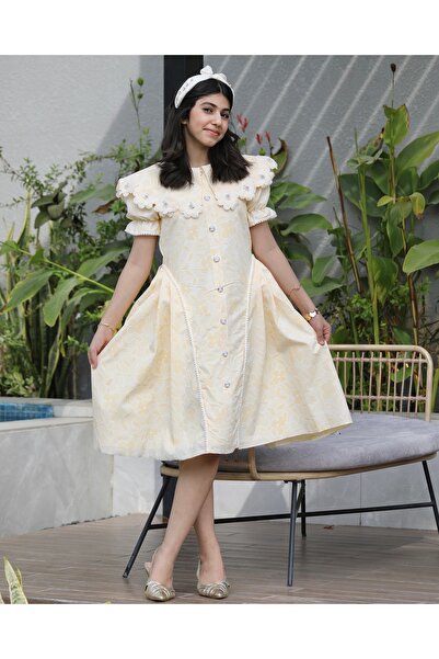 Totikids Girls' yellow floral dress | Rhinestone collar and buttons - 1136