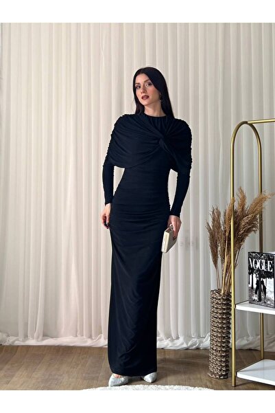 İZYA Draped Double-Breasted Long Evening Dress