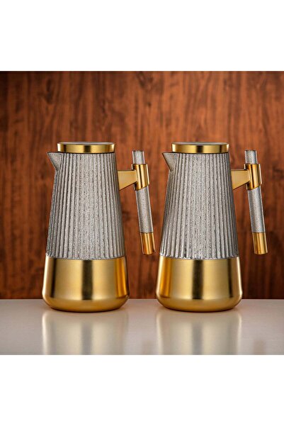 Almarjan طقم ترمس سعة 1 لتر + 1 لتر، لون نيكل مطفي وذهبي مطفي