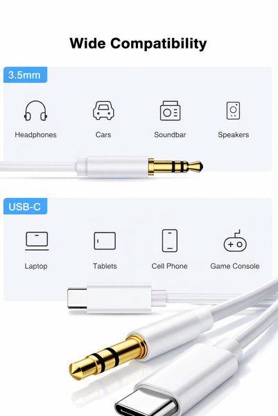 Tech&bello accessories كابل Aux من النوع C بطول 3.5 ملم بطول 1 متر متوافق مع السيارات التي تدعم نظامي iPhone وAndroid